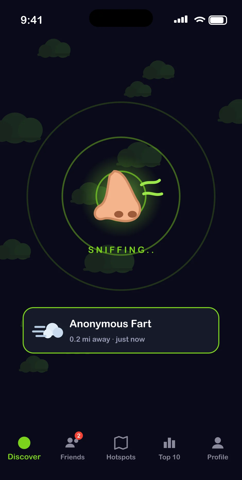 Discover screen sniffing nearby, with an Anonymous Fart 0.2 miles away