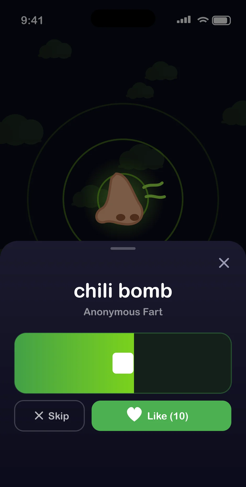 Fart card for chili bomb from an Anonymous Fart: a full-width play bar filling green as it plays, with Skip and Like buttons below