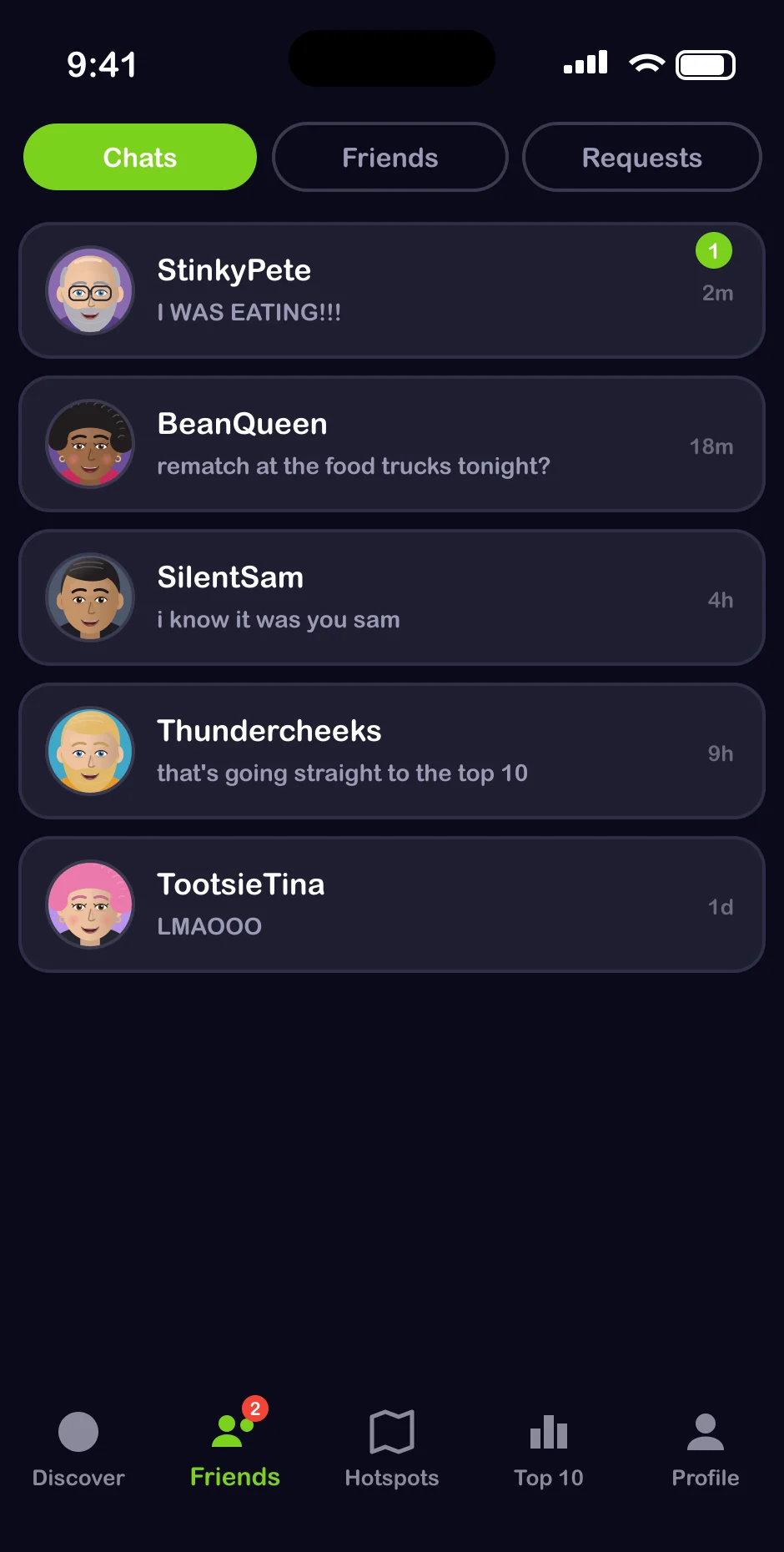 Friends tab with chats from StinkyPete, BeanQueen, SilentSam and more