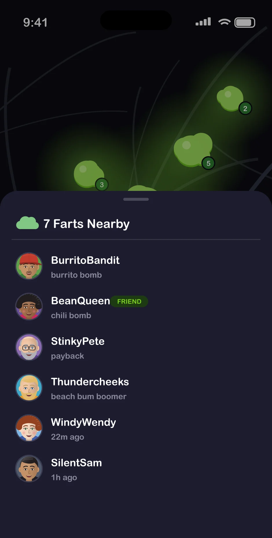 A hotspot opened: 7 Farts Nearby, each with the name and avatar of who ripped it, BeanQueen marked as a friend