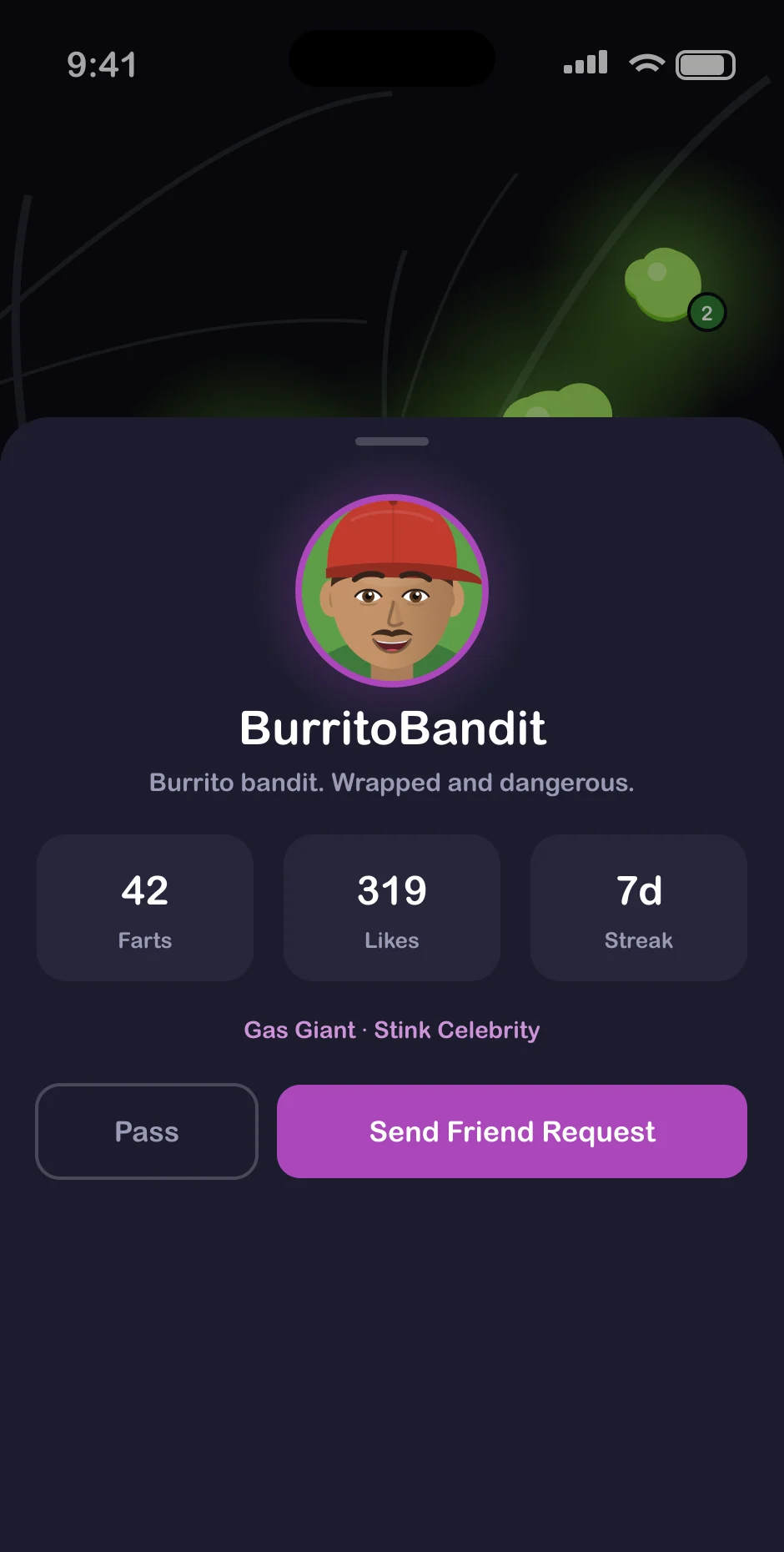 BurritoBandit's profile preview with Pass and Send Friend Request buttons