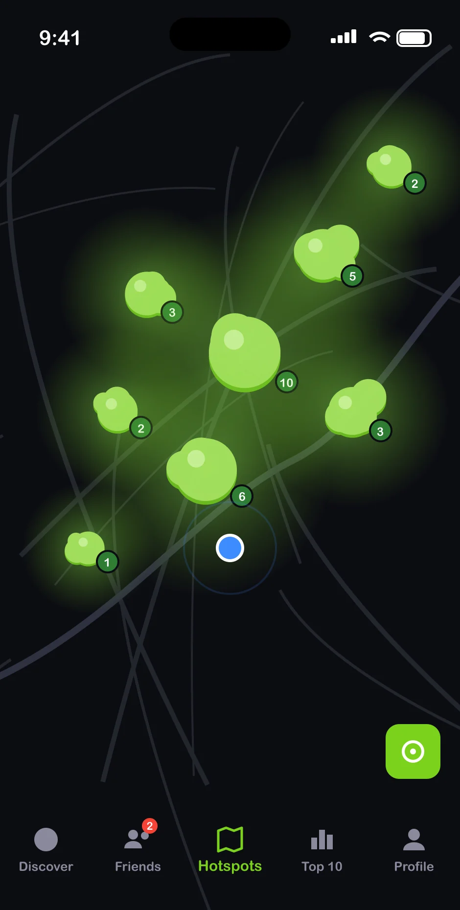 Hotspot map at night with glowing green fart clusters and counts