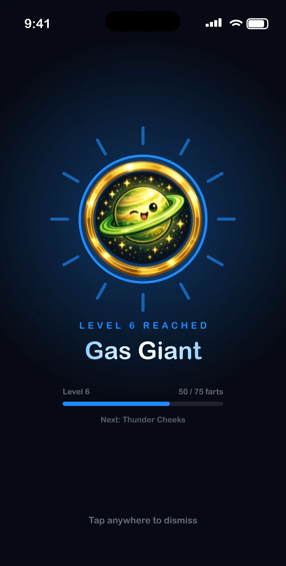 Level up screen: Level 6 reached, Gas Giant badge, 50 of 75 farts to the next level