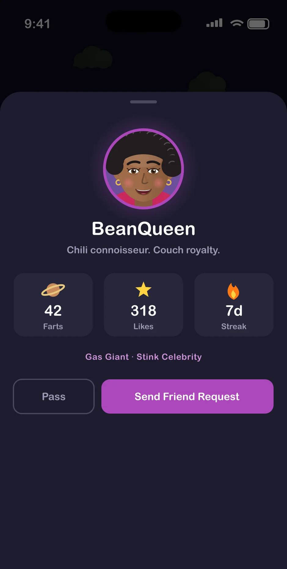 Profile preview for BeanQueen with a Send Friend Request button