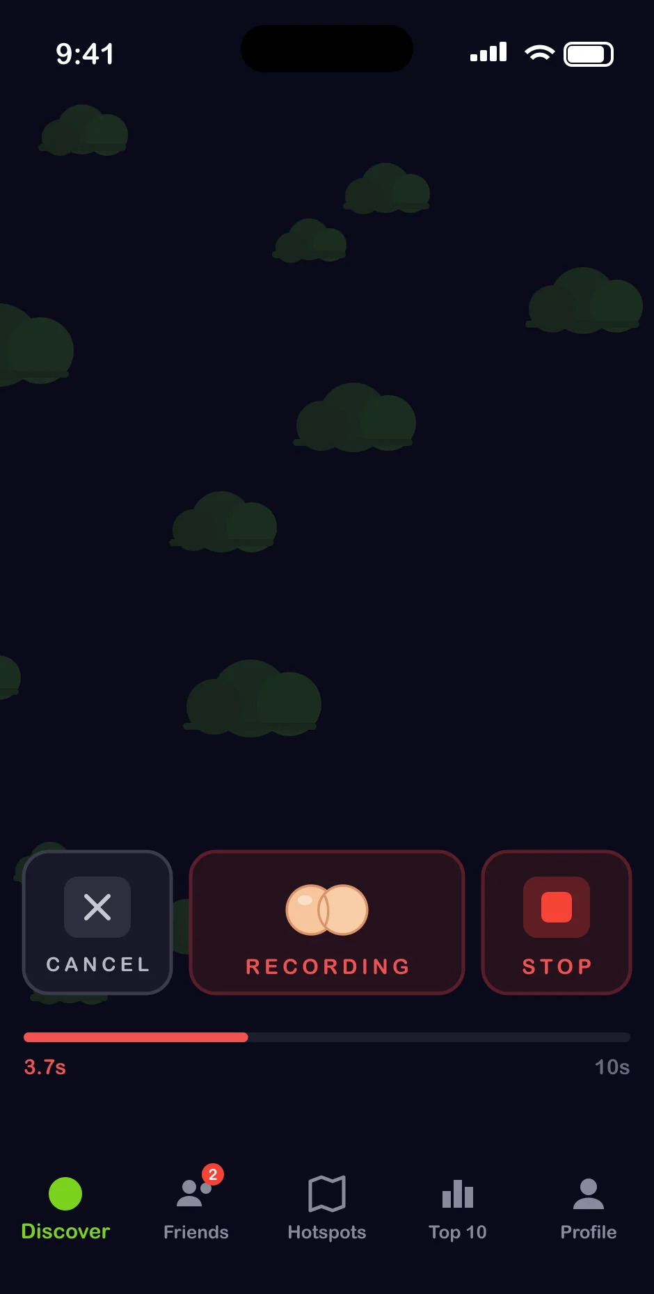 FartNet recording screen: Cancel, Recording, Stop, with a red ten-second timer