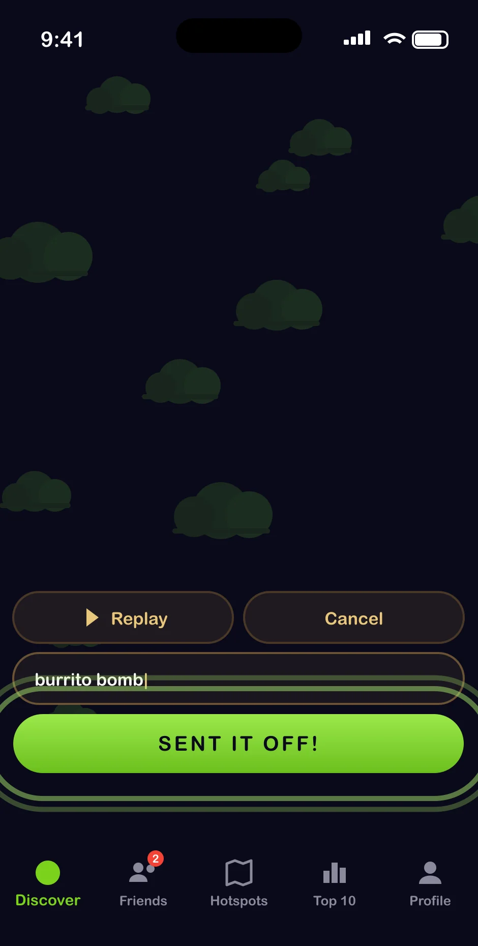 FartNet preview screen with the fart named burrito bomb and the Sent It Off button lit green